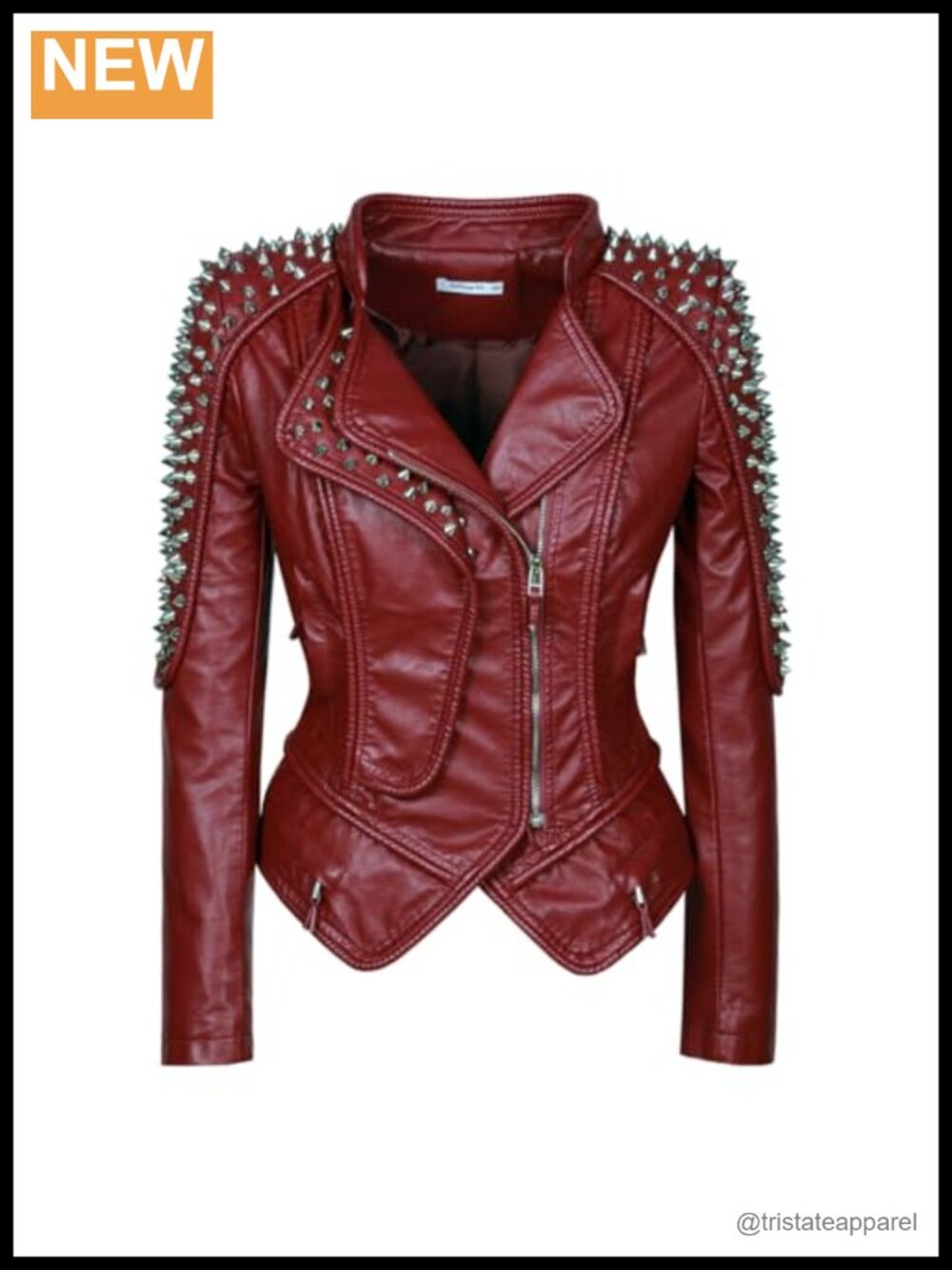 Women's Punk Rivet Motorcycle Jacket Asymmetric Zipper Faux Leather Slim Fit